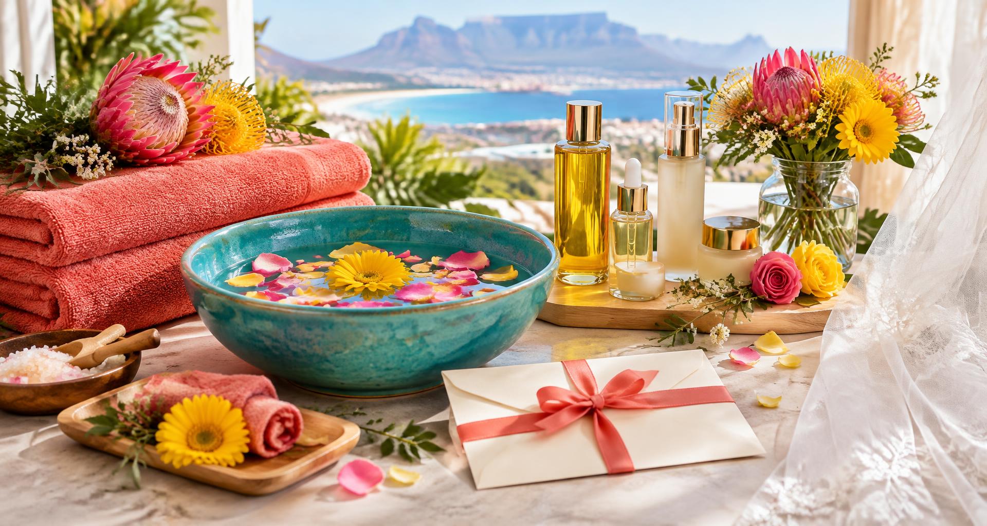 Coral towels, facial products, flowers and a ribbon-tied gift envelope overlooking Cape Town